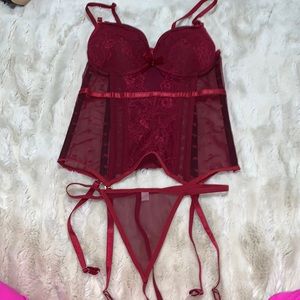 Womens Size Medium Med M Burgundy Corset Lingerie Set Teddy Baby Doll